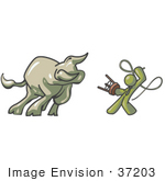 #37203 Clip Art Graphic Of An Olive Green Guy Character Taming A Bull With A Whip