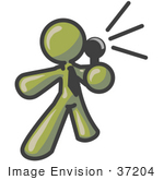 #37204 Clip Art Graphic Of An Olive Green Guy Character Speaking With A Microphone
