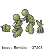 #37208 Clip Art Graphic Of An Olive Green Guy Character Family With A Baby And Pets