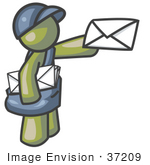 #37209 Clip Art Graphic Of An Olive Green Guy Character Delivering Mail
