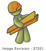 #37221 Clip Art Graphic Of An Olive Green Guy Character Carrying A Beam
