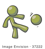#37222 Clip Art Graphic Of An Olive Green Guy Character Kicking A Ball