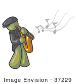 #37229 Clip Art Graphic Of An Olive Green Guy Character Playing Jazz Music With A Sax