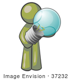 #37232 Clip Art Graphic Of An Olive Green Guy Character Holding A Light Bulb