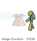 #37236 Clip Art Graphic Of An Olive Green Guy Character Talking On A Phone By A Tower