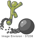 #37238 Clip Art Graphic Of An Olive Green Guy Character Breaking Free From A Ball And Chain