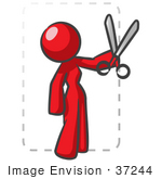 #37244 Clip Art Graphic Of A Red Lady Character Cutting Coupons