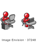 #37248 Clip Art Graphic Of Red Guy Characters Using Laptop And Desktop Computers