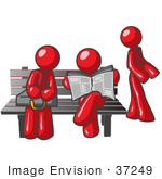 #37249 Clip Art Graphic Of Red Guy Characters Waiting At A Bus Stop