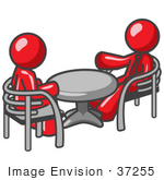 #37255 Clip Art Graphic Of Red Guy Characters Sitting At A Table