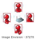 #37270 Clip Art Graphic of Red Guy Characters Having a Conference on Headsets by Jester Arts