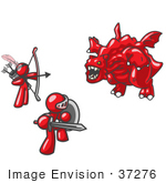 #37276 Clip Art Graphic Of Red Guy Characters Fighting A Dragon