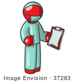#37283 Clip Art Graphic Of A Red Guy Character Surgeon In Scrubs