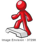 #37298 Clip Art Graphic Of A Red Guy Character Doing Steps At The Gym
