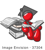 #37304 Clip Art Graphic Of A Red Guy Character Graduate Reading Books