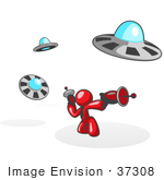 #37308 Clip Art Graphic Of A Red Guy Character Fighting Ufos