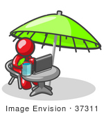#37311 Clip Art Graphic Of A Red Guy Character Using A Laptop Under An Umbrella