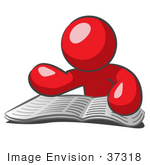 #37318 Clip Art Graphic Of A Red Guy Character Reading A Book