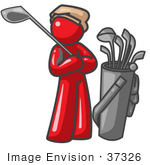 #37326 Clip Art Graphic Of A Red Guy Character Playing Golf
