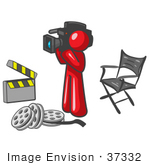 #37332 Clip Art Graphic Of A Red Guy Character Filming A Movie