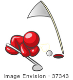 #37343 Clip Art Graphic Of A Red Guy Character Trying To Blow A Golf Ball Into The Hole