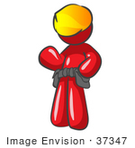 #37347 Clip Art Graphic Of A Red Guy Character Wearing A Tool Belt And Hard Hat