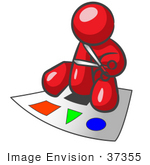 #37355 Clip Art Graphic Of A Red Guy Character Cutting Shapes