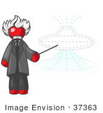 #37363 Clip Art Graphic Of A Red Guy Character As Einstein Pointing To A Ufo