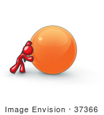 #37366 Clip Art Graphic Of A Red Guy Character Pushing An Orange Ball
