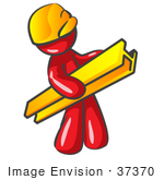 #37370 Clip Art Graphic Of A Red Guy Character Carrying A Girder