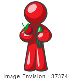#37374 Clip Art Graphic Of A Red Guy Character Holding Veggies