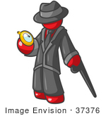 #37376 Clip Art Graphic Of A Red Guy Character Looking At A Pocket Watch