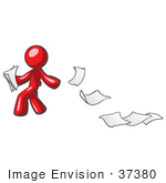 #37380 Clip Art Graphic Of A Red Guy Character Dropping Papers