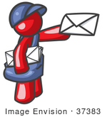 #37383 Clip Art Graphic Of A Red Guy Character Delivering Mail