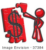 #37384 Clip Art Graphic Of A Red Guy Character Assembling A Financial Puzzle