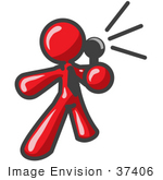 #37406 Clip Art Graphic Of A Red Guy Character Giving A Speech With A Microphone