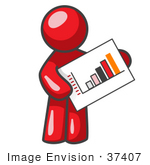 #37407 Clip Art Graphic Of A Red Guy Character Holding A Printed Bar Graph