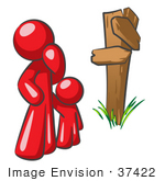 #37422 Clip Art Graphic Of A Red Guy Character And Child At A Crossroads