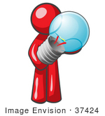 #37424 Clip Art Graphic Of A Red Guy Character Holding A Light Bulb