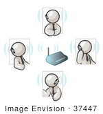 #37447 Clip Art Graphic Of White Guy Characters Holding A Phone Conference With Bluetooth Headsets
