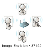 #37452 Clip Art Graphic Of White Guy Characters Holding A Phone Conference Using Headsets