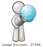 #37458 Clip Art Graphic Of A White Guy Character Holding A Light Bulb