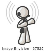 #37525 Clip Art Graphic Of A White Guy Character Wearing A Headset With Signals