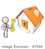 #37539 Clip Art Graphic Of A White Guy Character Holding The Key To A House