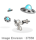 #37558 Clip Art Graphic Of A White Guy Character Fighting Ufos