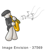 #37569 Clip Art Graphic Of A White Guy Character Playing A Sax