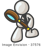 #37576 Clip Art Graphic Of A White Guy Character Kneeling And Using A Magnifying Glass