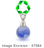 #37584 Clip Art Graphic Of A White Guy Character On A Globe Holding Recycle Arrows