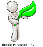 #37592 Clip Art Graphic Of A White Guy Character Holding A Green Leaf