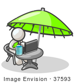 #37593 Clip Art Graphic Of A White Guy Character Working On A Laptop Under An Umbrella